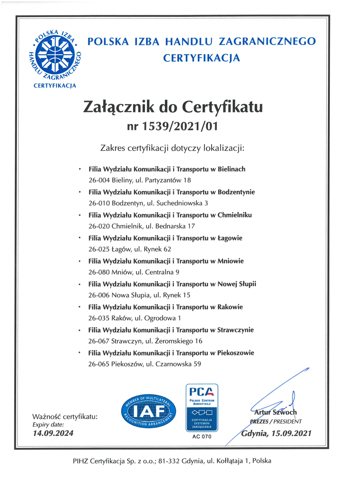 Certyfikat - Polityka Jakości Starostwa Powiatowego w Kielcach
