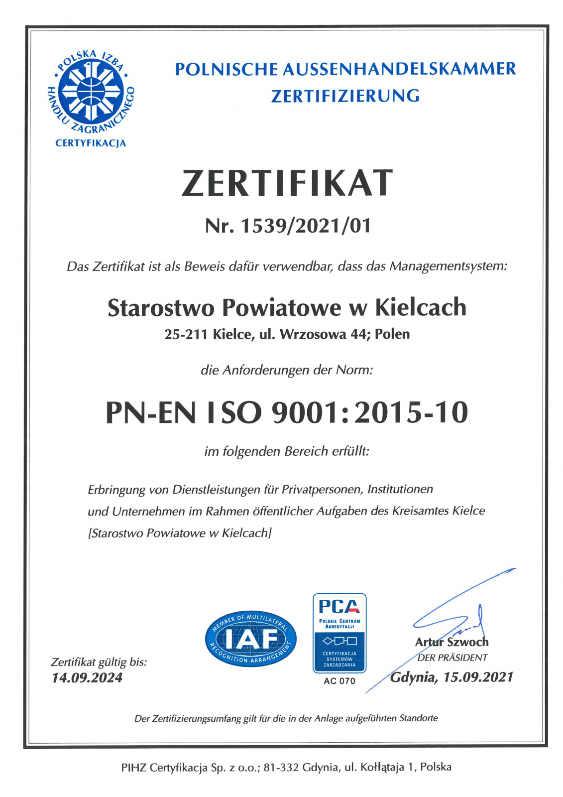 Certyfikat - Polityka Jakości Starostwa Powiatowego w Kielcach