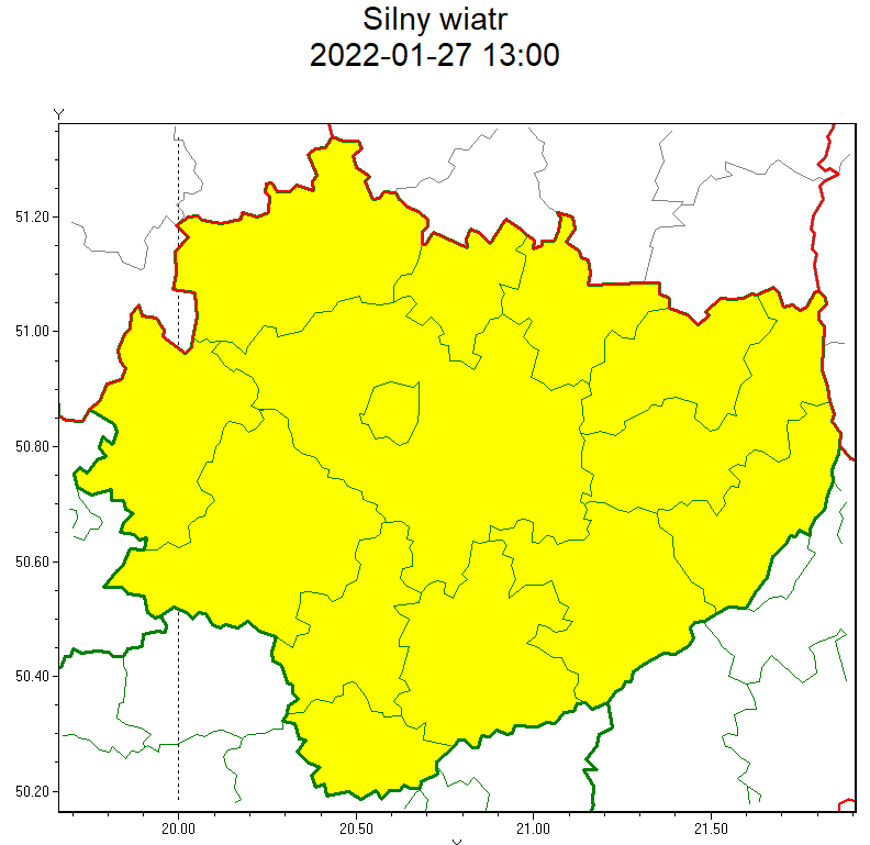 mapa regionu z ostrzeżeniem meteorologicznym