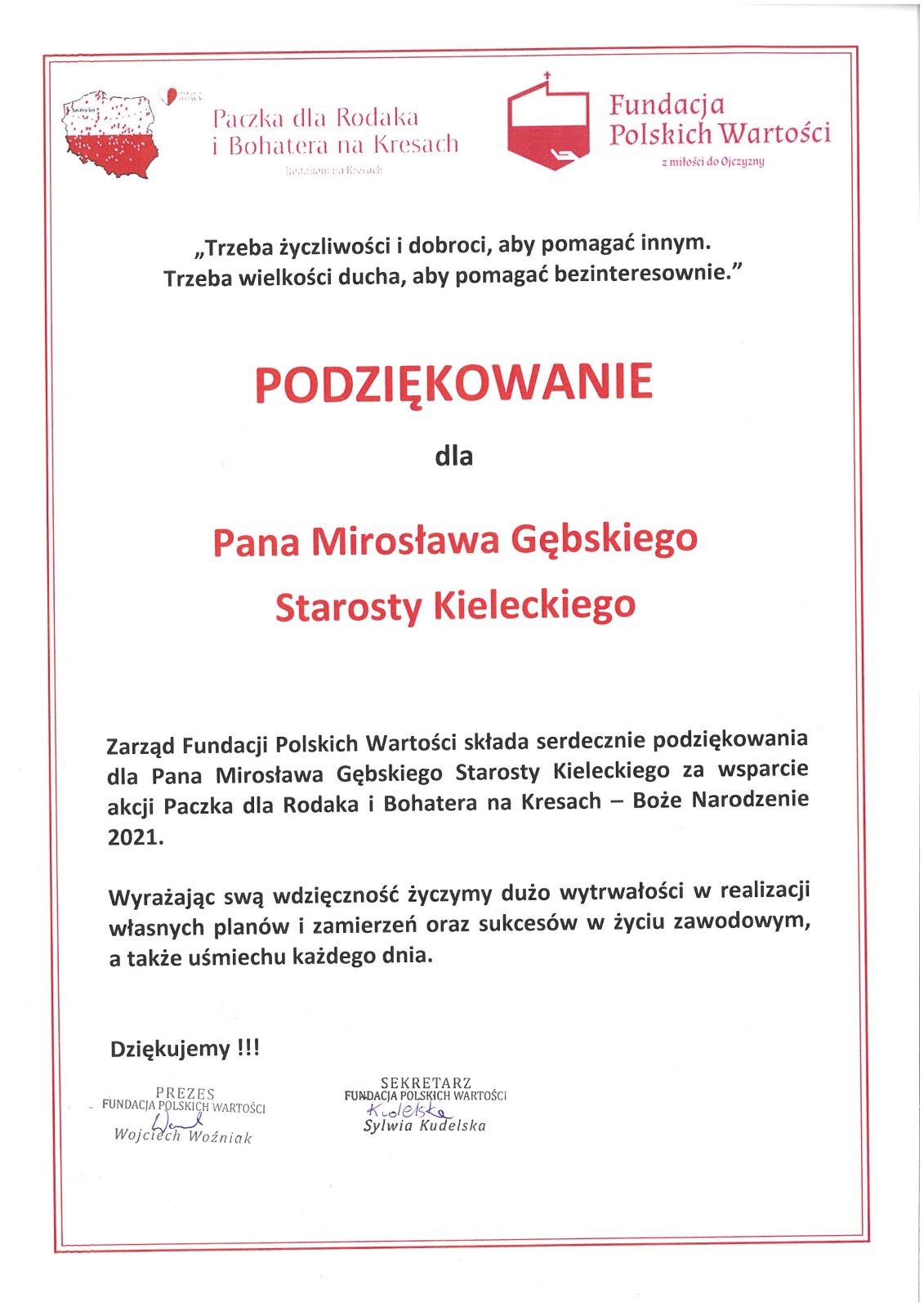 podziękowanie dla starosty