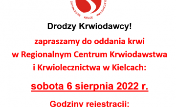 W najbliższą sobotę będzie okazja do oddania krwi