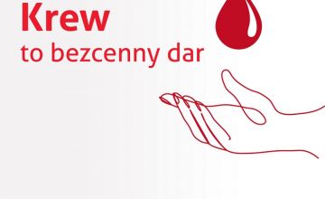 grafika przedstawiająca dłoń z kroplą krwi i podpisem Krew to bezcenny dar