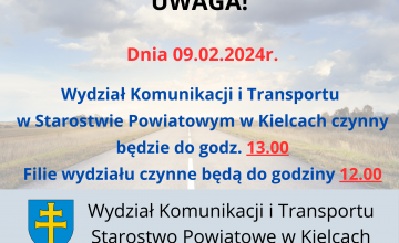 Godziny otwarcia Wydziału Komunikacji i Transportu w dniu 9 lutego