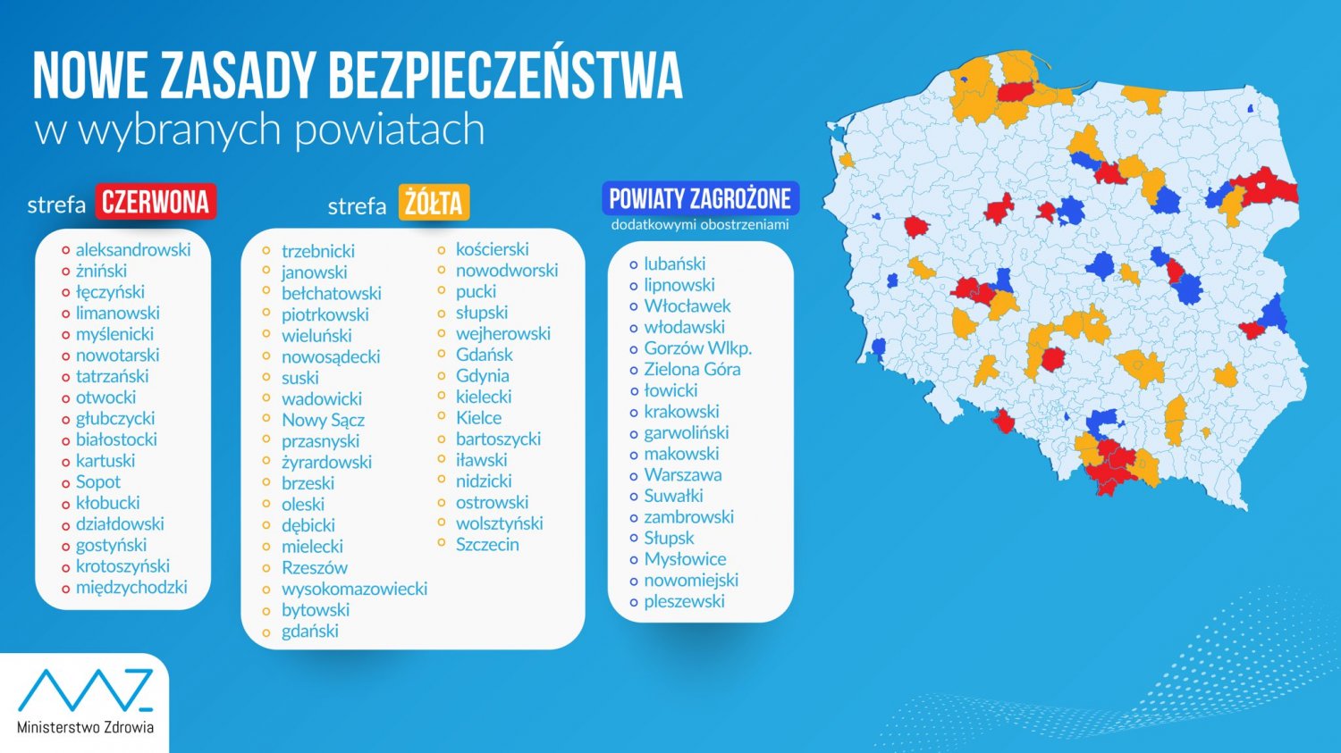 Lista powiatów w strefach czerwonej i żółtej.